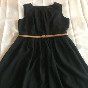 Black, belted A-line dress